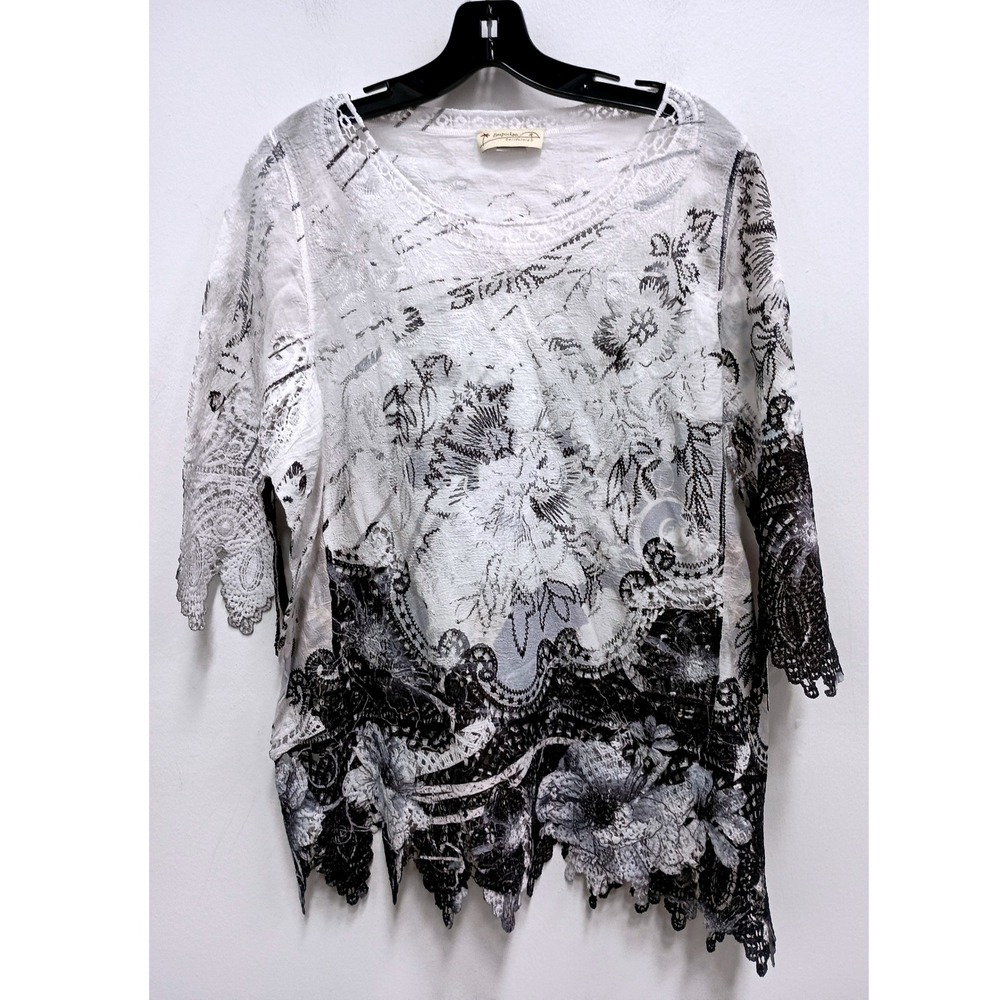 Impulse California Wearable Art Tunic Top Womens Medium White Black‎ Floral Lace